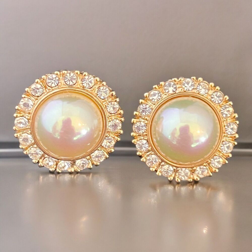 Vintage 1980s Roman Faux Pearl Crystal Earrings Gold Tone Pierced - 6Q